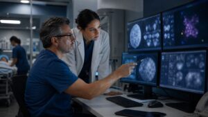 Radiology and emergency-care team using AI-assisted image triage in a hospital review room