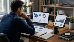 Individual investor comparing AI-assisted portfolio research materials in a home office