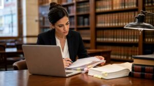 Legal researcher using AI-assisted case analysis in a quiet law library