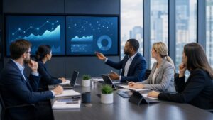 Finance professionals reviewing AI-assisted portfolio and risk planning in a modern office