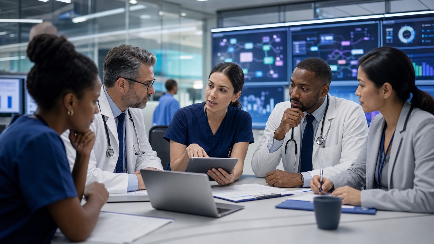 Hospital innovation team reviewing AI-supported care coordination and diagnostic workflow