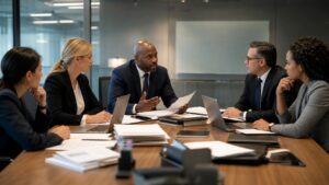 Legal and compliance professionals mapping an AI-assisted workflow in a modern conference room