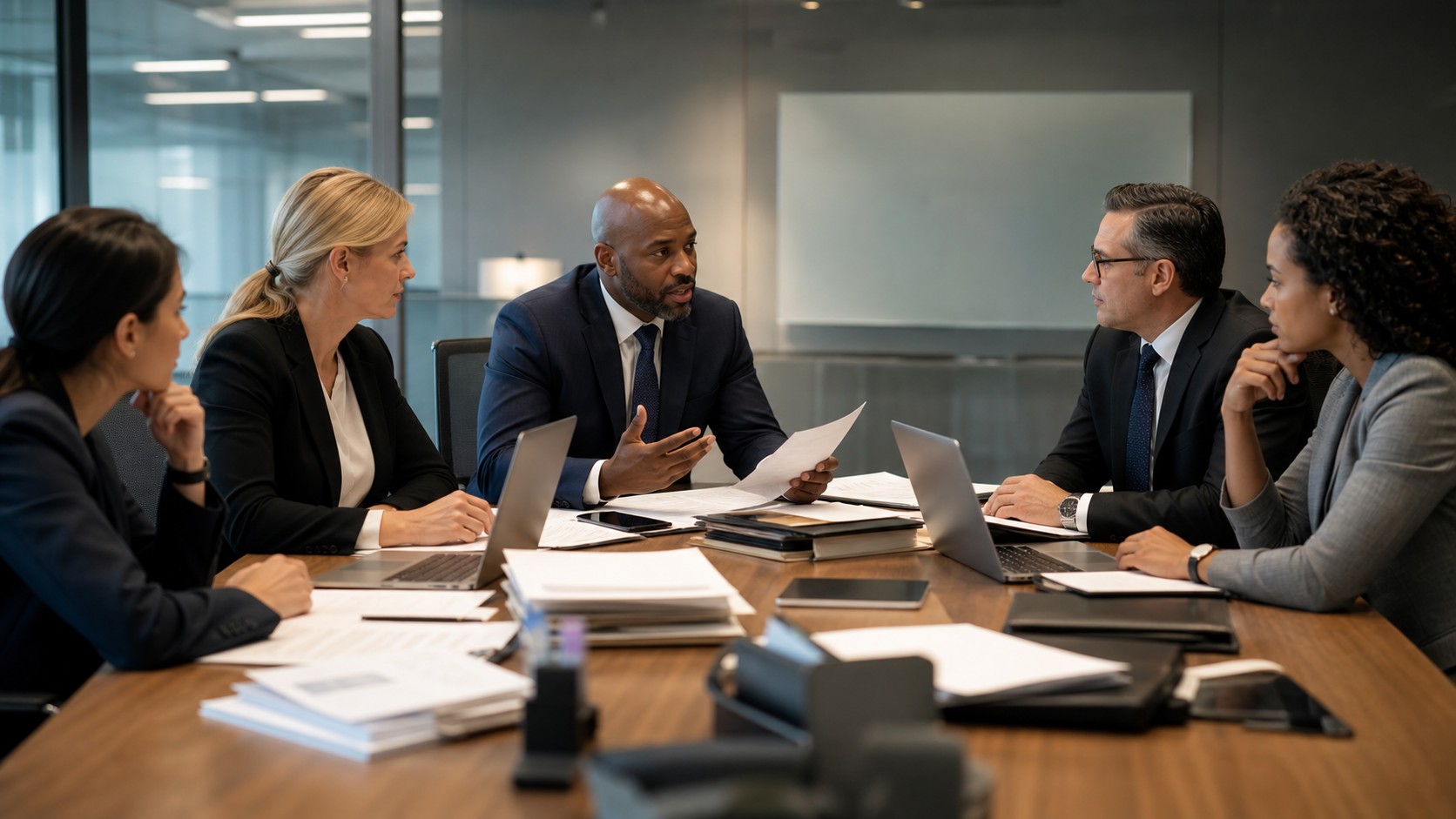 Legal and compliance professionals mapping an AI-assisted workflow in a modern conference room