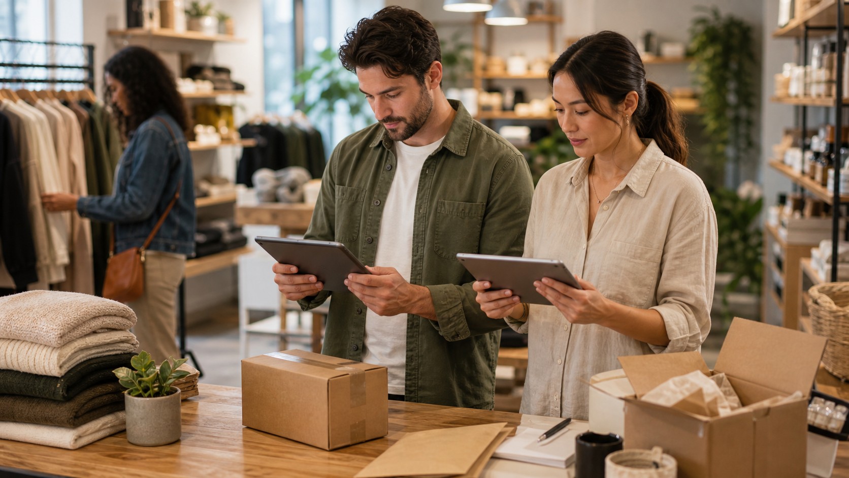 Retail staff coordinating AI-assisted inventory and online orders with tablets facing them in a modern store