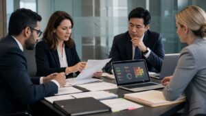 Legal team reviewing AI-assisted contract risk detection in a modern deal room