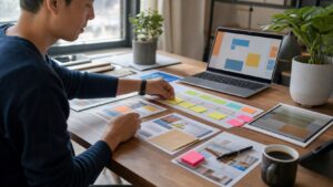 Marketing strategist organizing an AI-assisted campaign workflow at a focused desk
