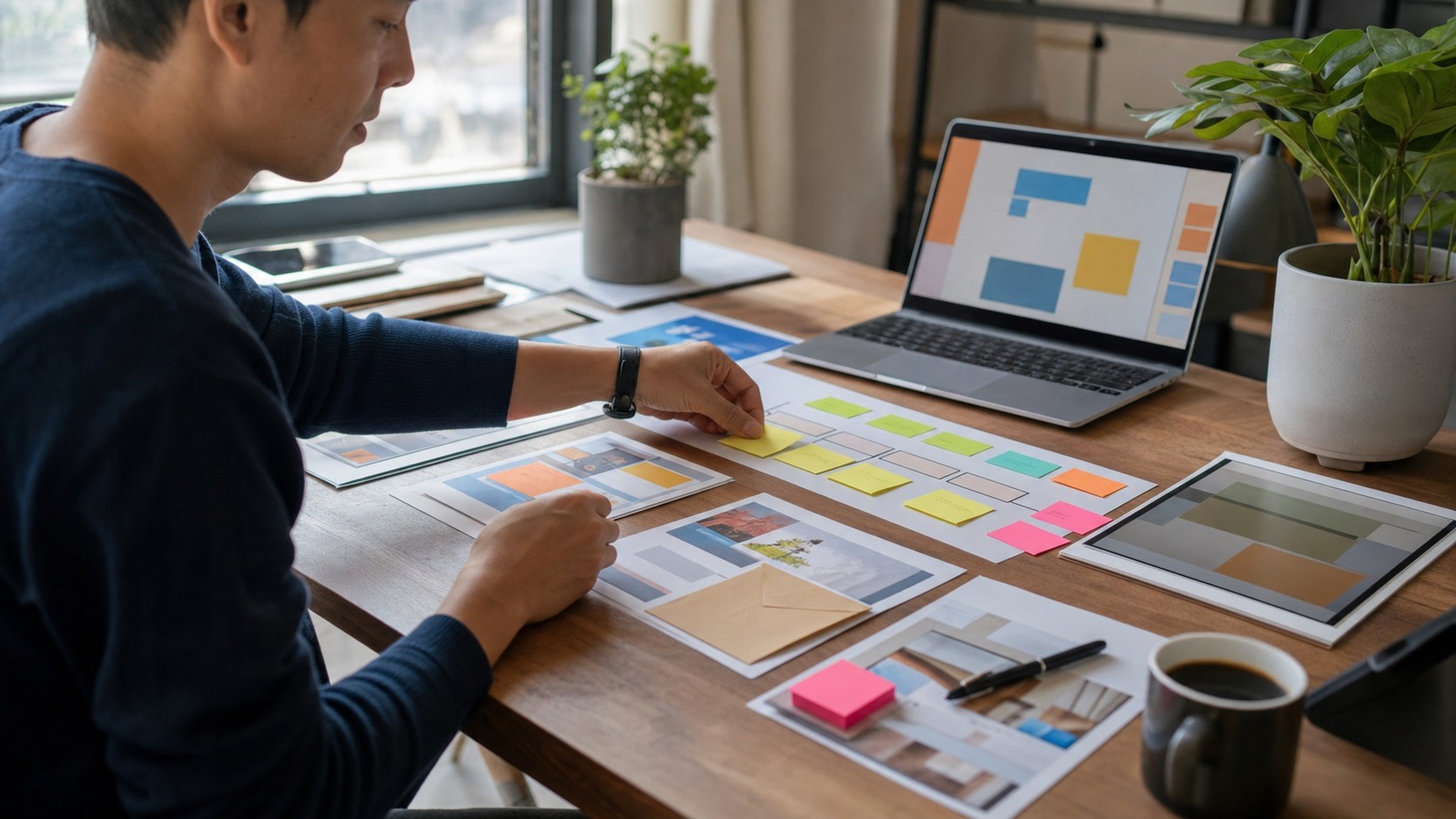 Marketing strategist organizing an AI-assisted campaign workflow at a focused desk