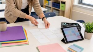 Teacher organizing beginner-friendly AI classroom planning materials on a quiet table