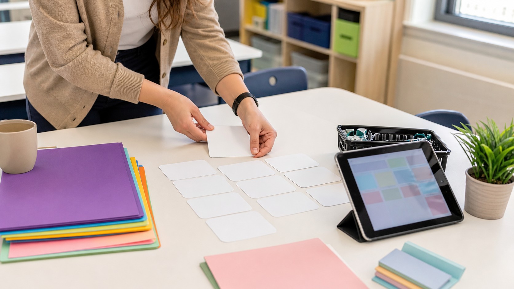 Teacher organizing beginner-friendly AI classroom planning materials on a quiet table