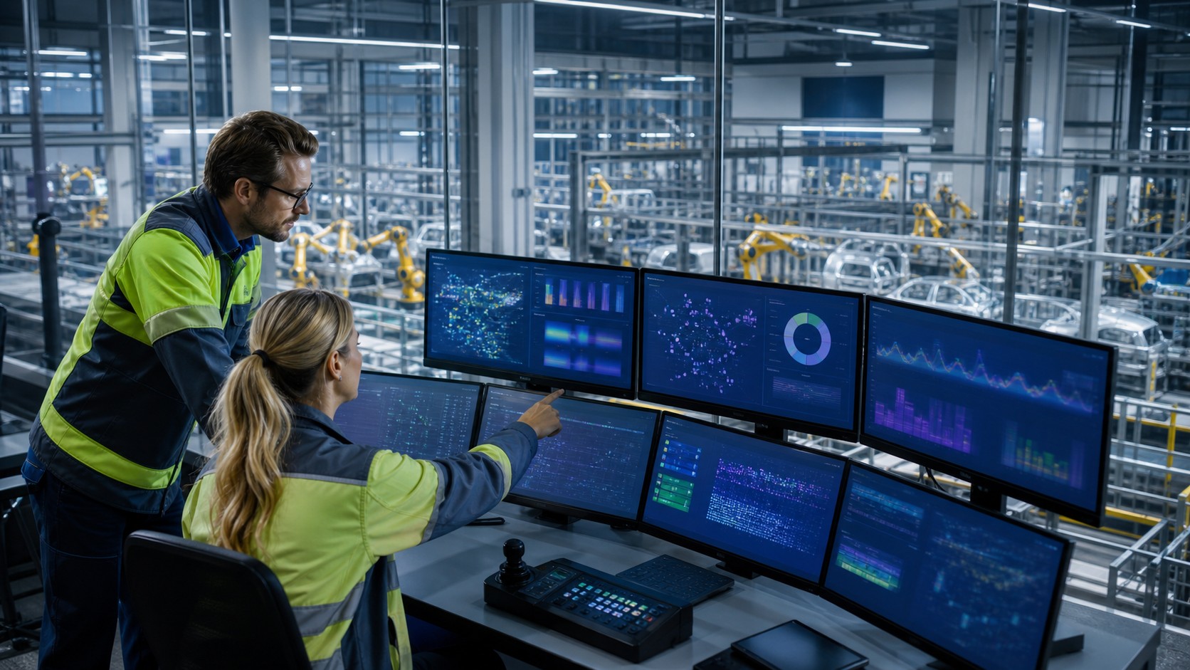 Smart factory control room overlooking an automated production line