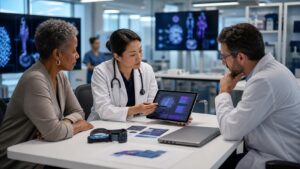 Clinical innovation team reviewing personalized care pathways and remote monitoring tools