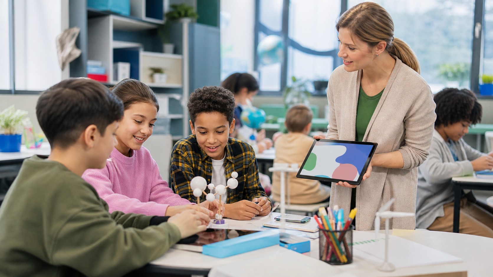 Students collaborating at a classroom learning station while a teacher uses AI-assisted planning
