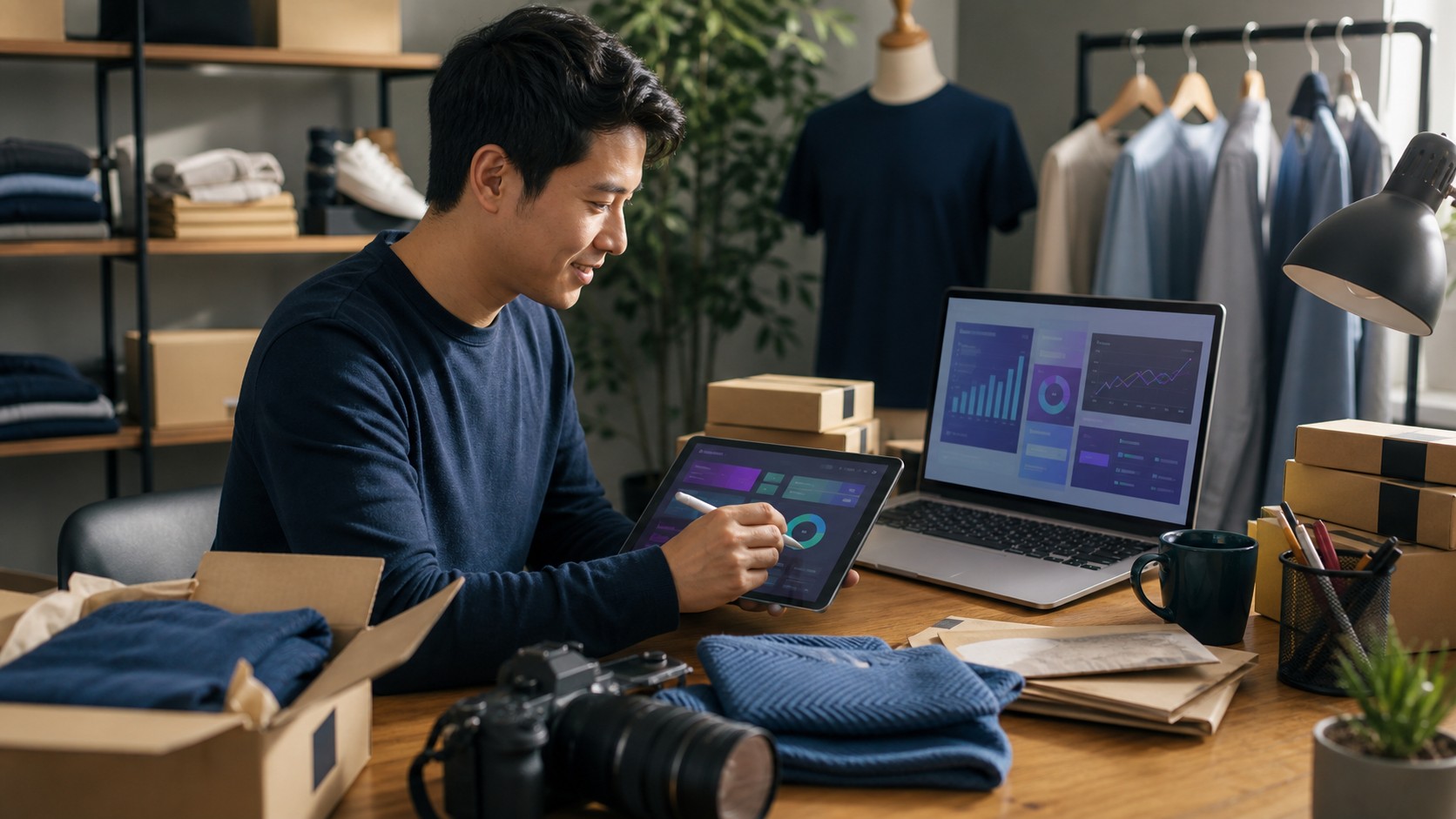 Online store owner using AI tools at a compact ecommerce workstation