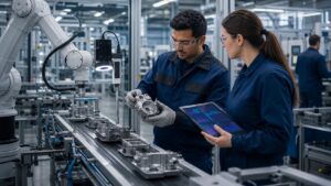Factory technicians using AI-assisted quality inspection and predictive maintenance beside a production line