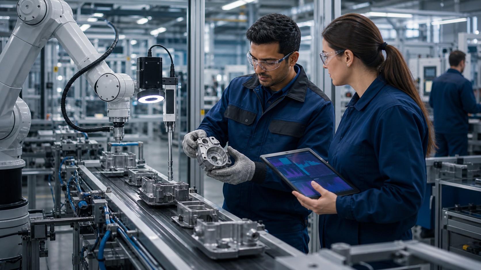 Factory technicians using AI-assisted quality inspection and predictive maintenance beside a production line