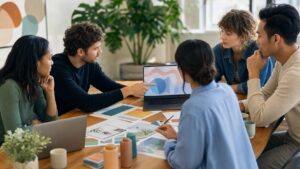 Marketing team reviewing AI-assisted campaign planning in a bright modern office