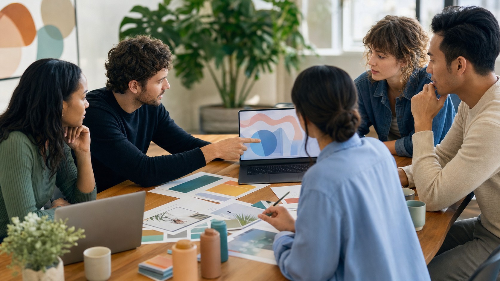 Marketing team reviewing AI-assisted campaign planning in a bright modern office