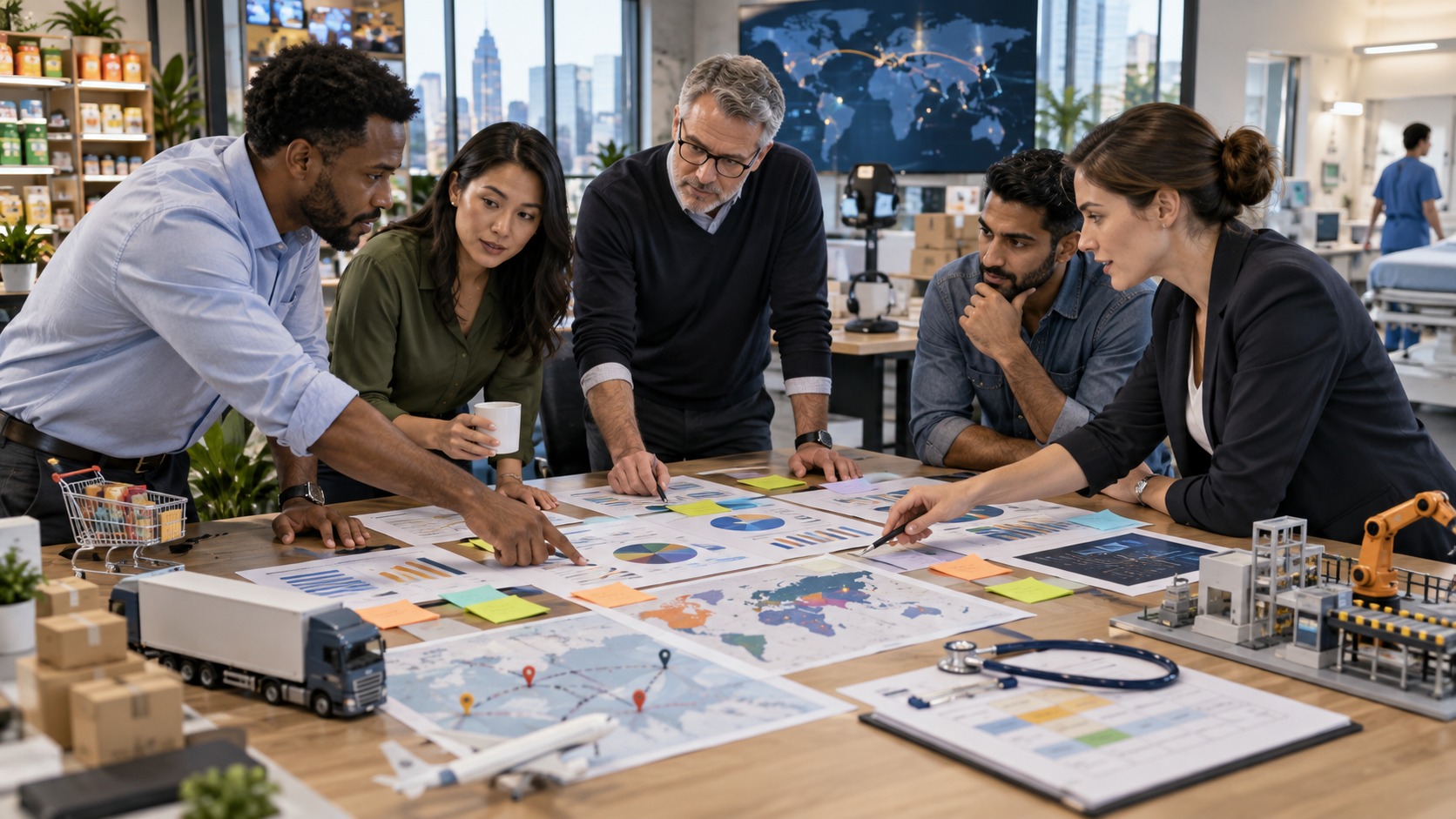 Business leaders comparing operational charts across several industries