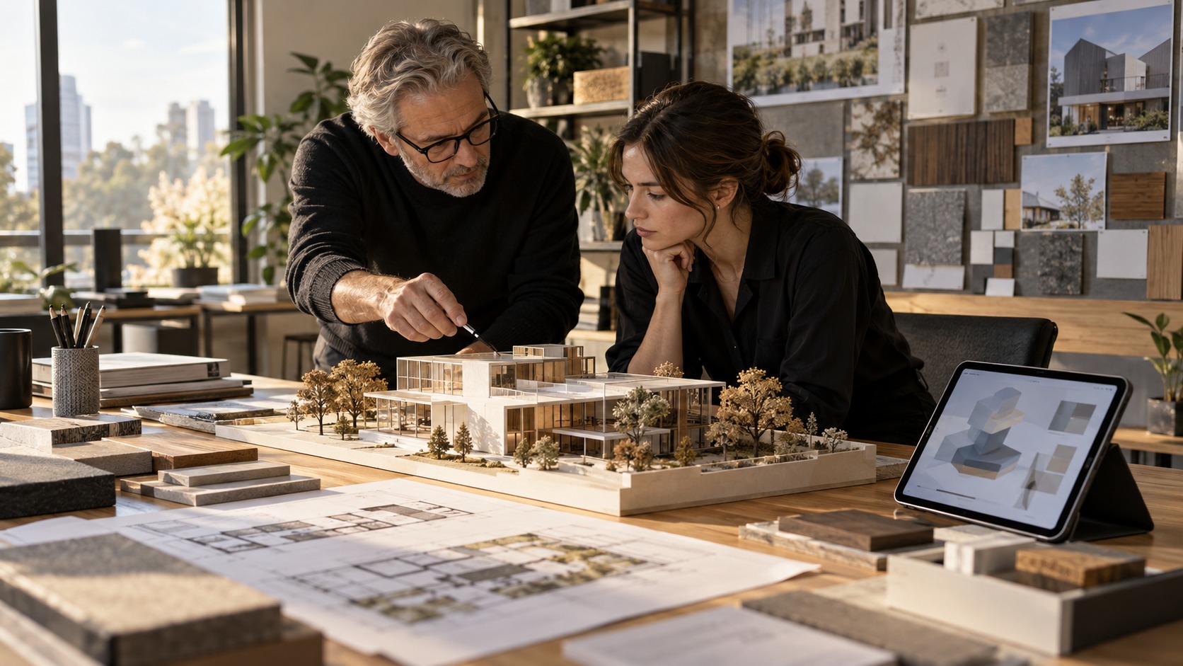 Architecture firm reviewing a physical model with AI-assisted design references nearby