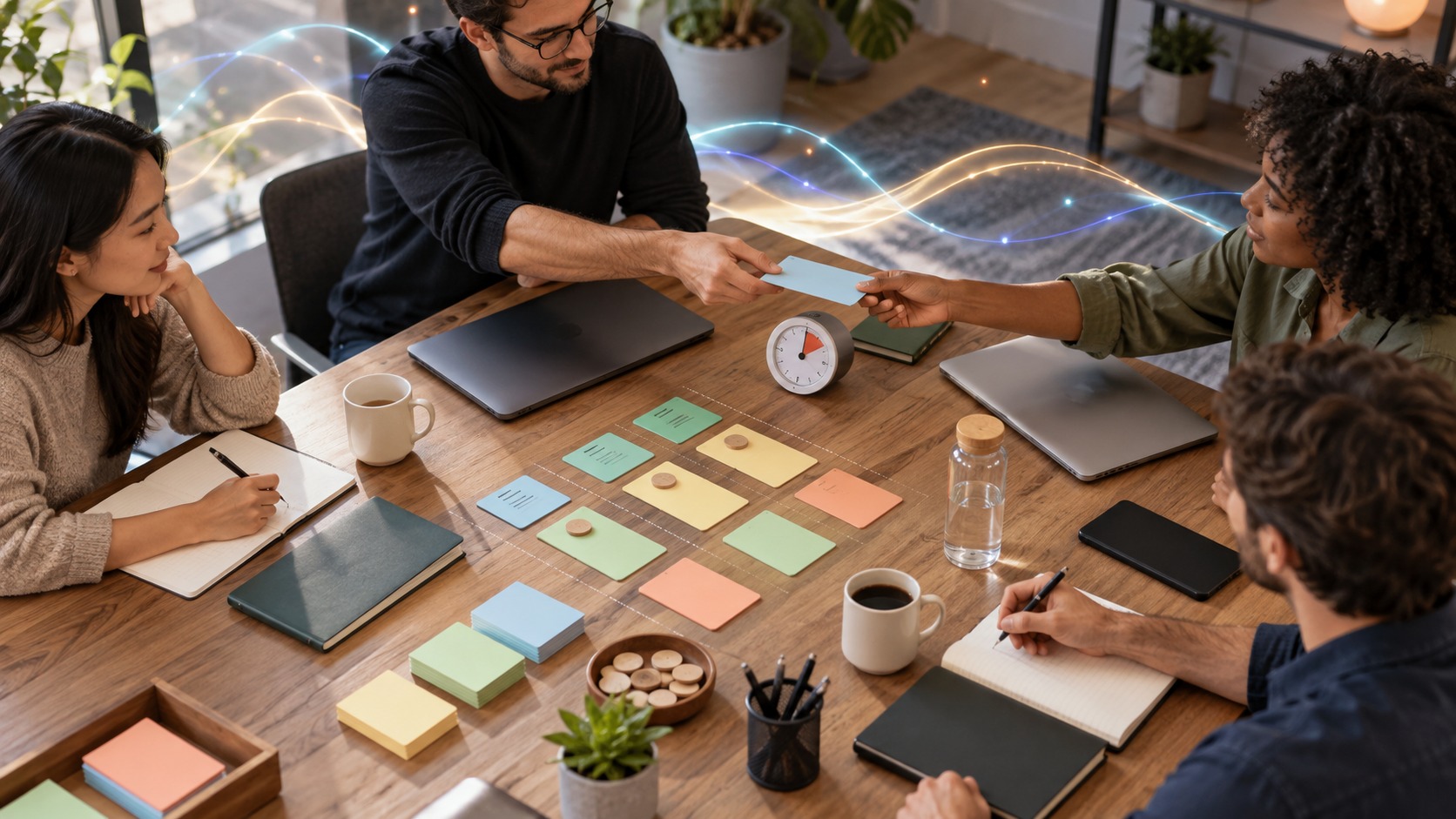 Team using a clean workflow table to coordinate tasks with AI assistance