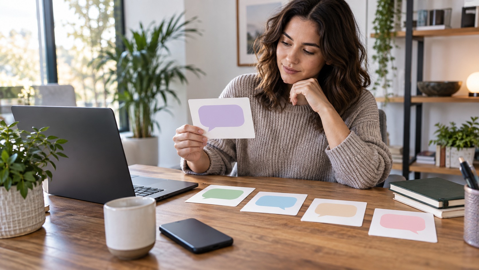 Person comparing blank conversation cards beside a laptop and notebook