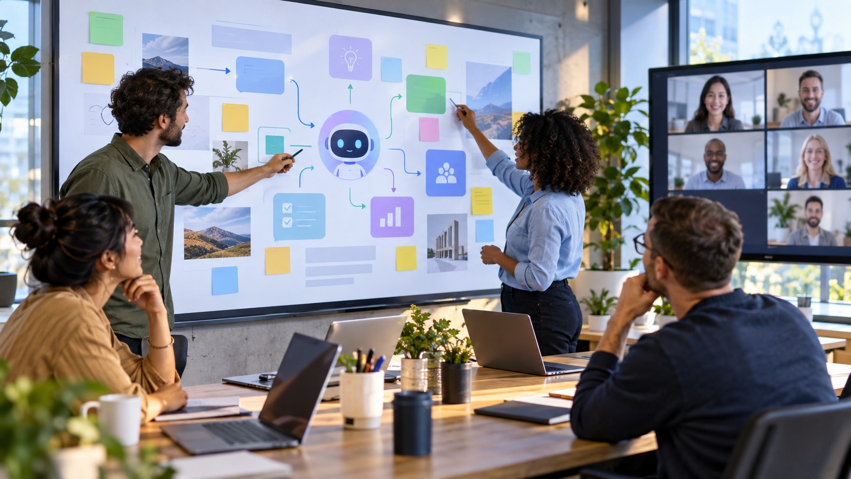 Hybrid team coordinating work through an AI-assisted collaboration hub