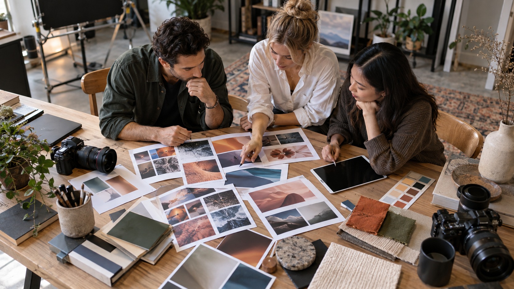 Creative team reviewing printed visual mood boards and image concepts in a studio workspace