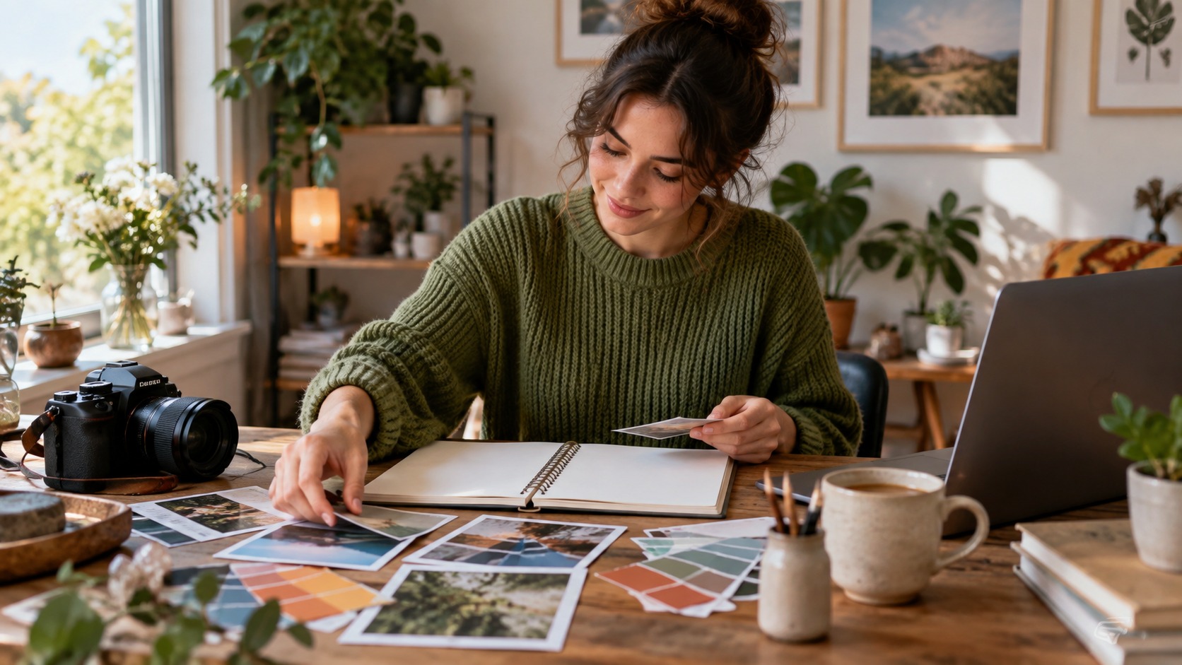 Beginner creator arranging photos, color swatches, and blank sketchbook pages at a home studio desk