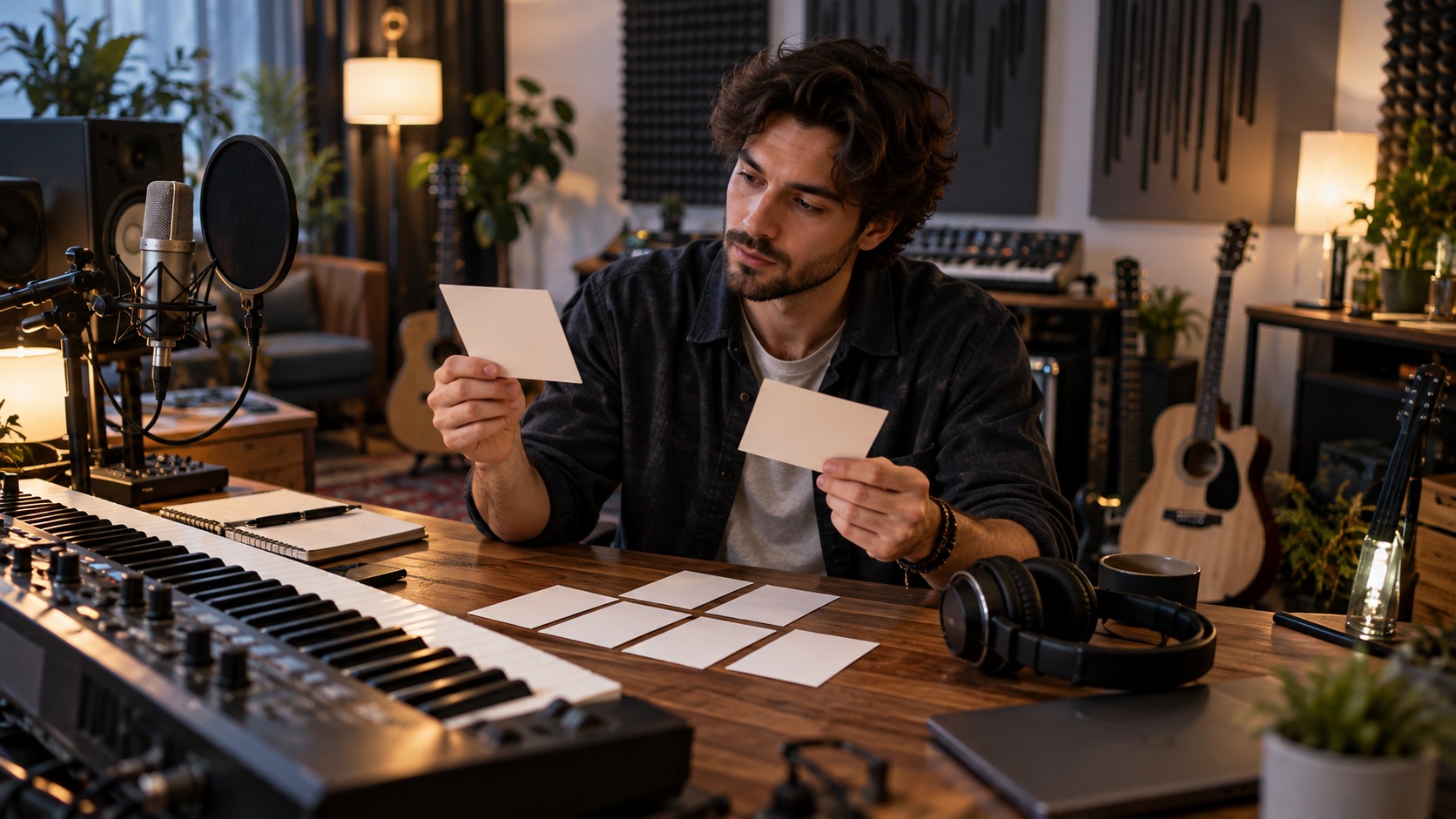 Musician reviewing blank arrangement cards in a modern home music studio