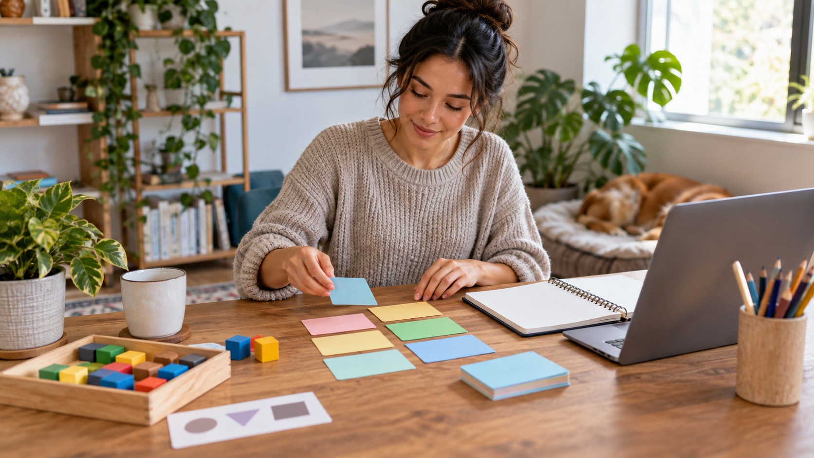 Person sorting colorful blank cards while learning prompt techniques near a laptop