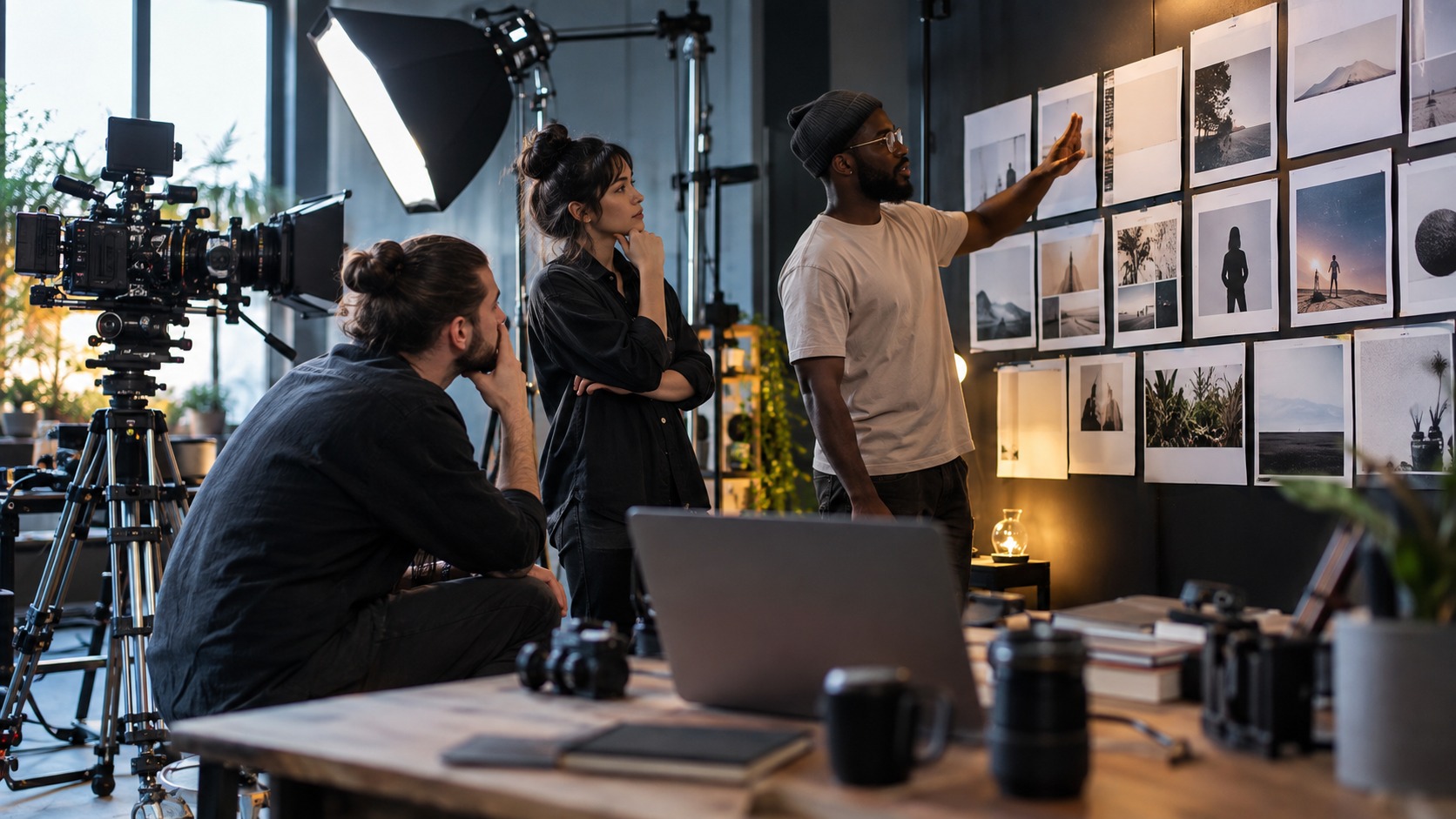 Creative team reviewing visual concepts in a modern video production studio