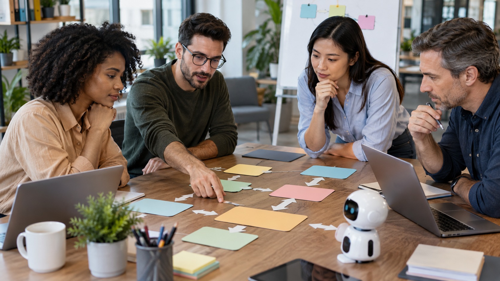 Team comparing blank workflow cards and automation blocks on a conference table
