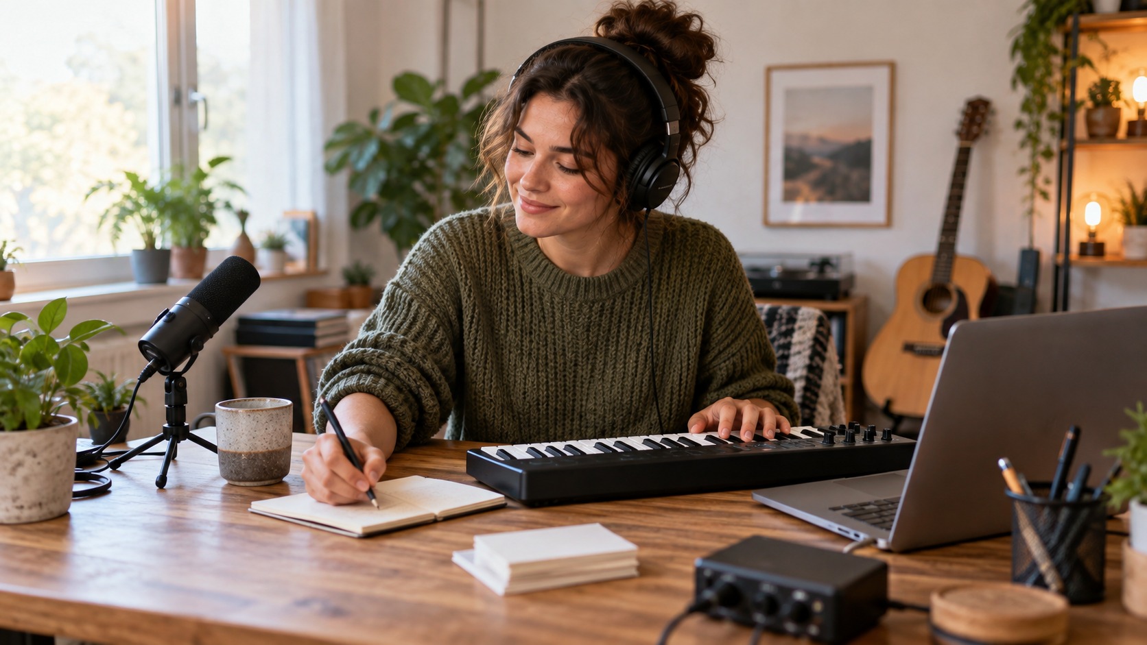 Creator testing accessible music tools at a modest home studio desk