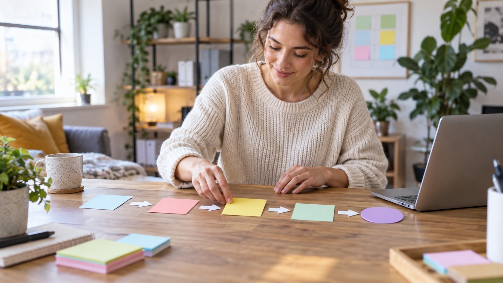 Beginner arranging colorful blank workflow cards beside a laptop