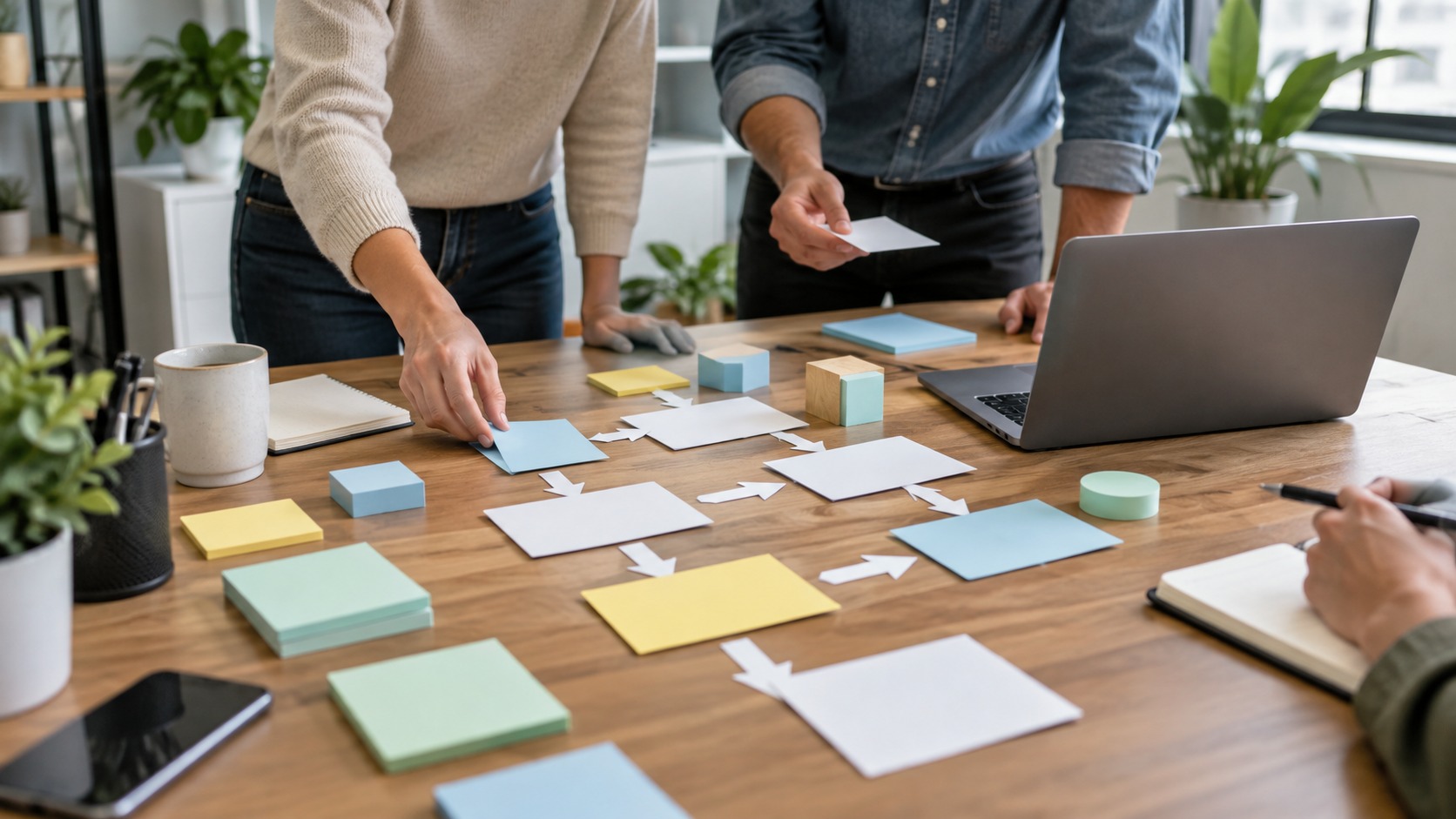 Team arranging blank workflow cards and modular blocks beside a laptop