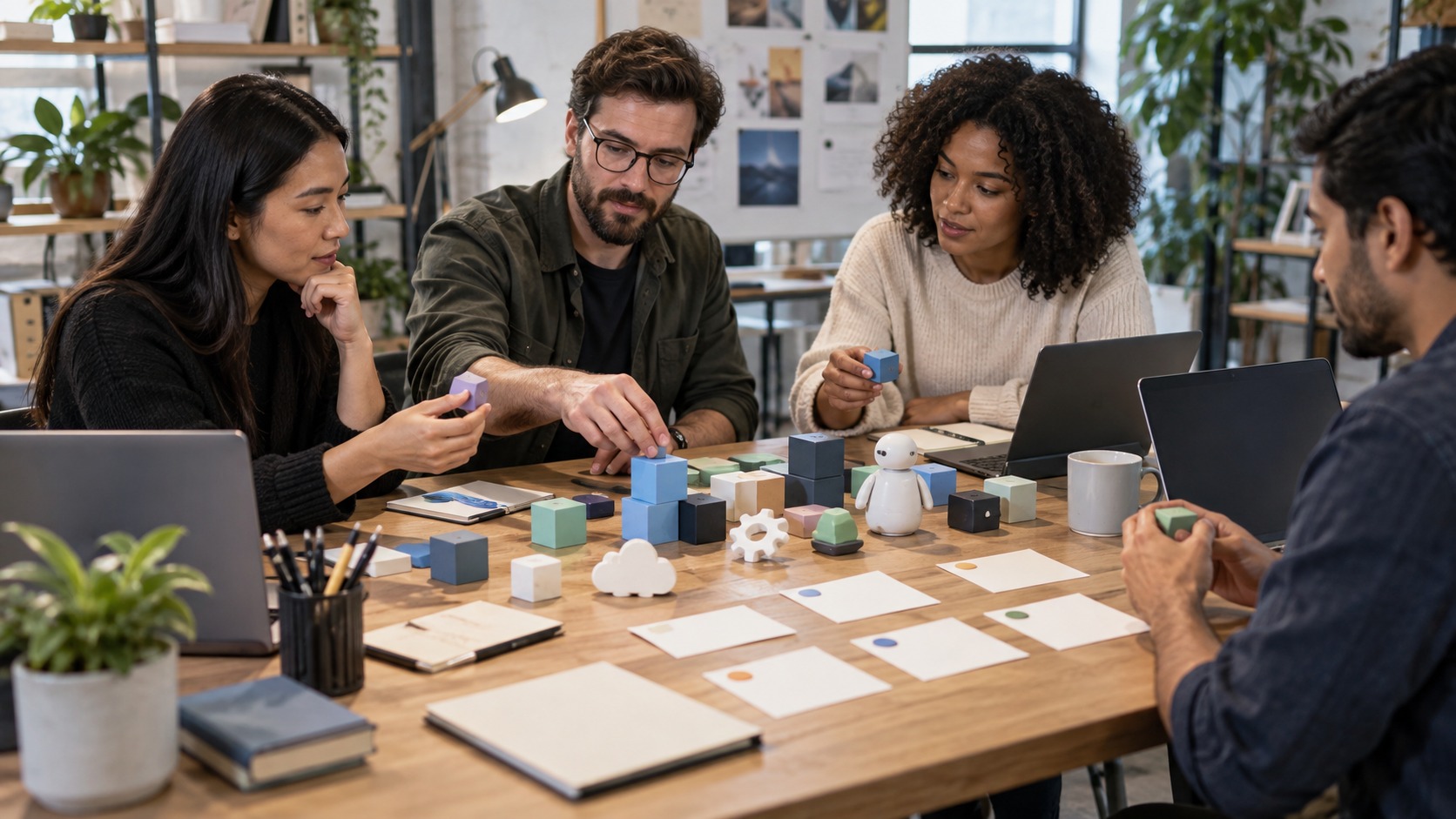 Collaborative team comparing modular AI tool components at a shared workspace