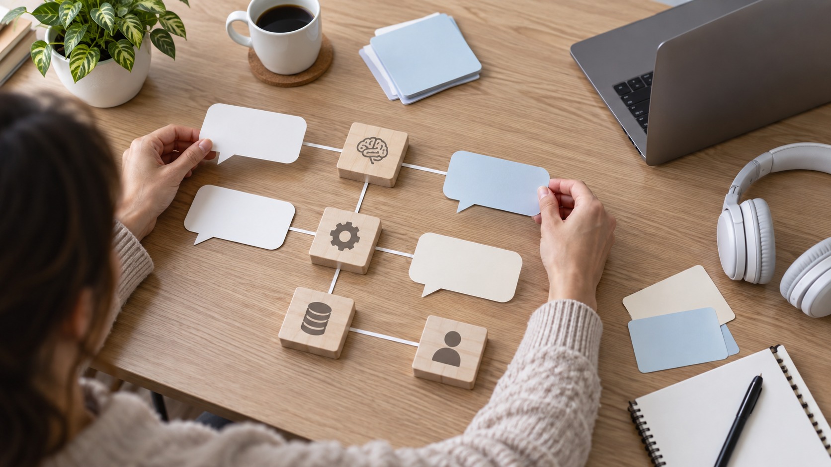 Hands arranging blank conversation cards and neutral blocks to show a chatbot process