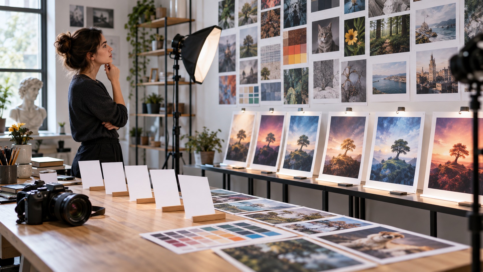 Designer studying a studio wall of image variations, color samples, and blank prompt cards
