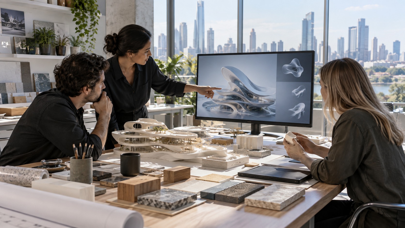 Architects reviewing an AI-assisted building model in a design studio
