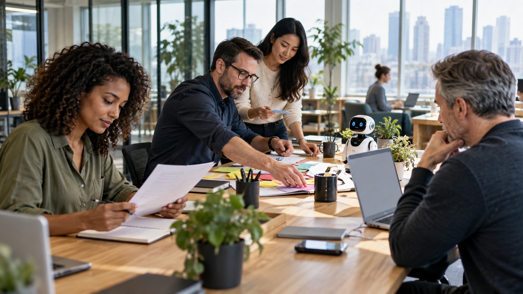 Professionals collaborating around a table in a modern office while AI tools support planning and task coordination