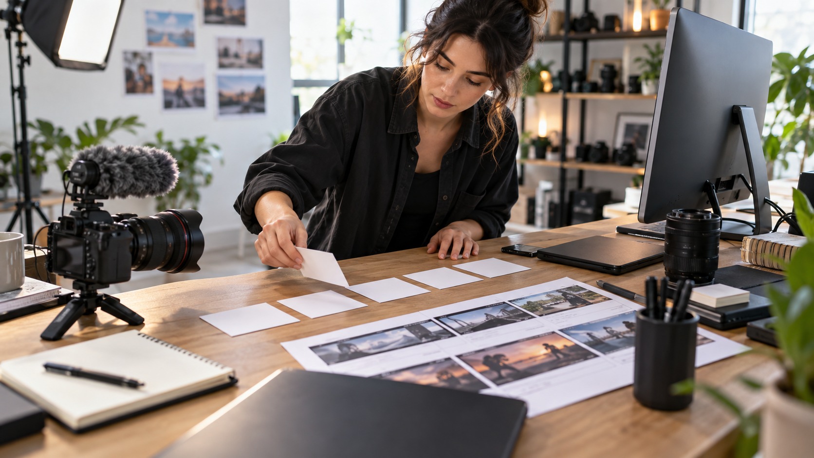 Creator arranging blank storyboard cards beside video production gear