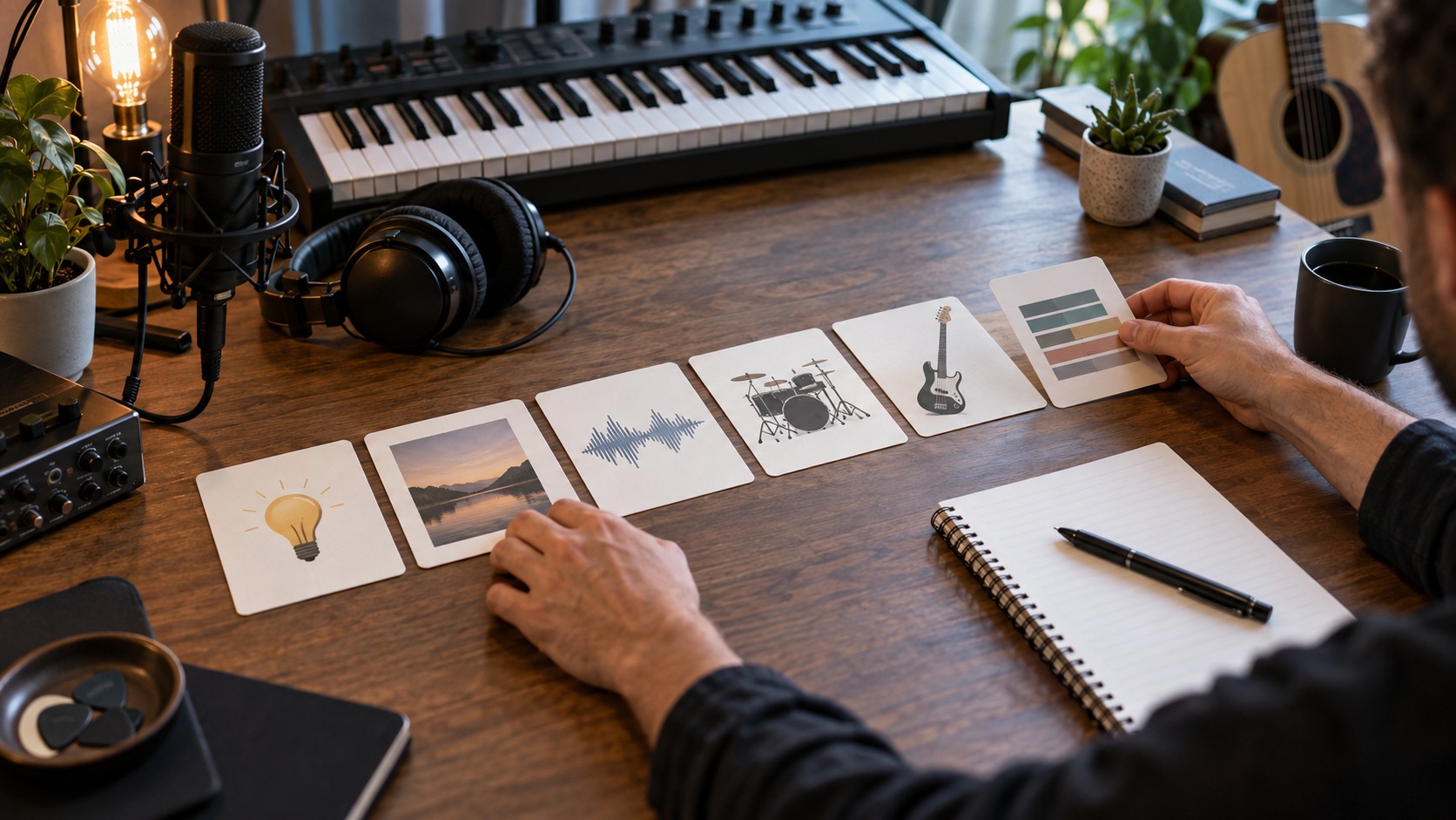 Music creator arranging blank workflow cards near a keyboard and microphone