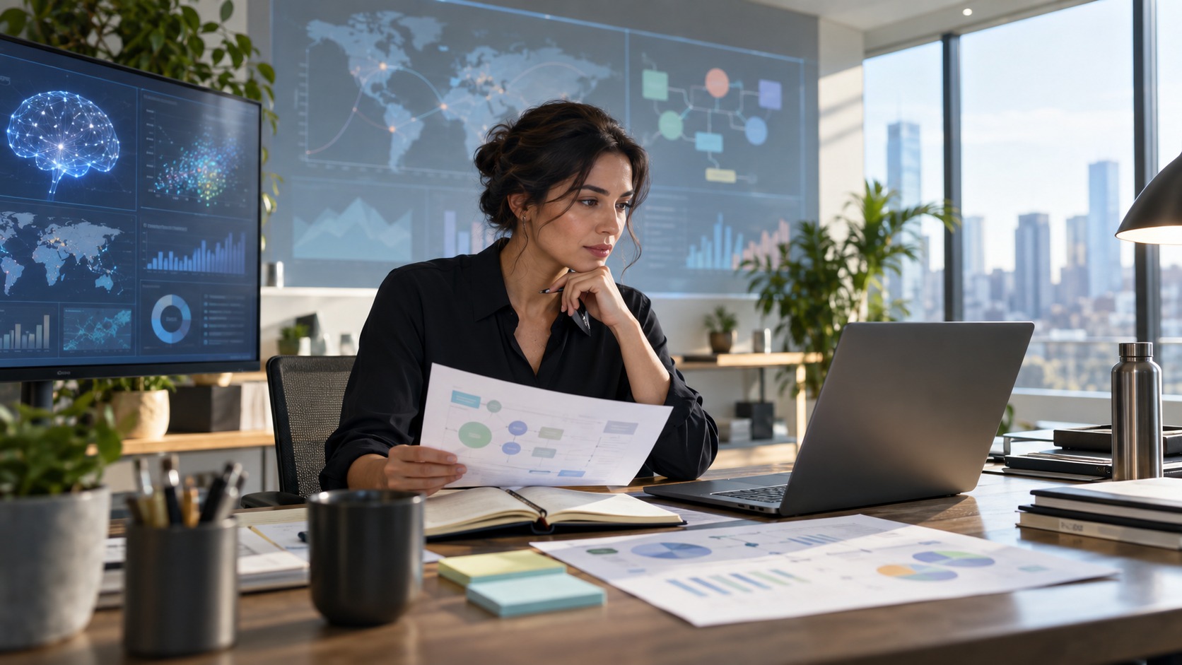 Analyst reviewing AI-assisted business planning materials in a modern office