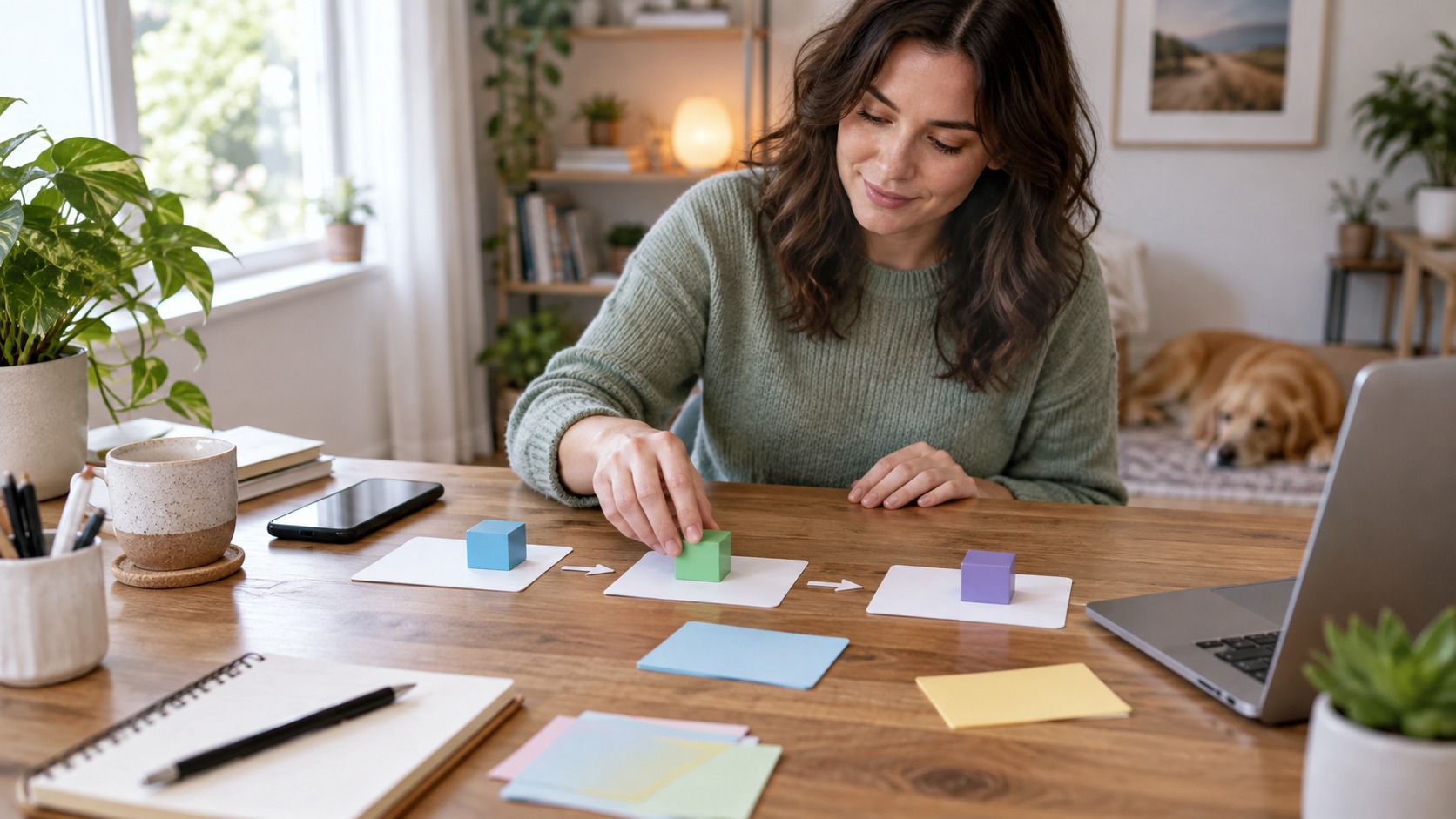 Beginner arranging simple workflow blocks and blank cards near a laptop