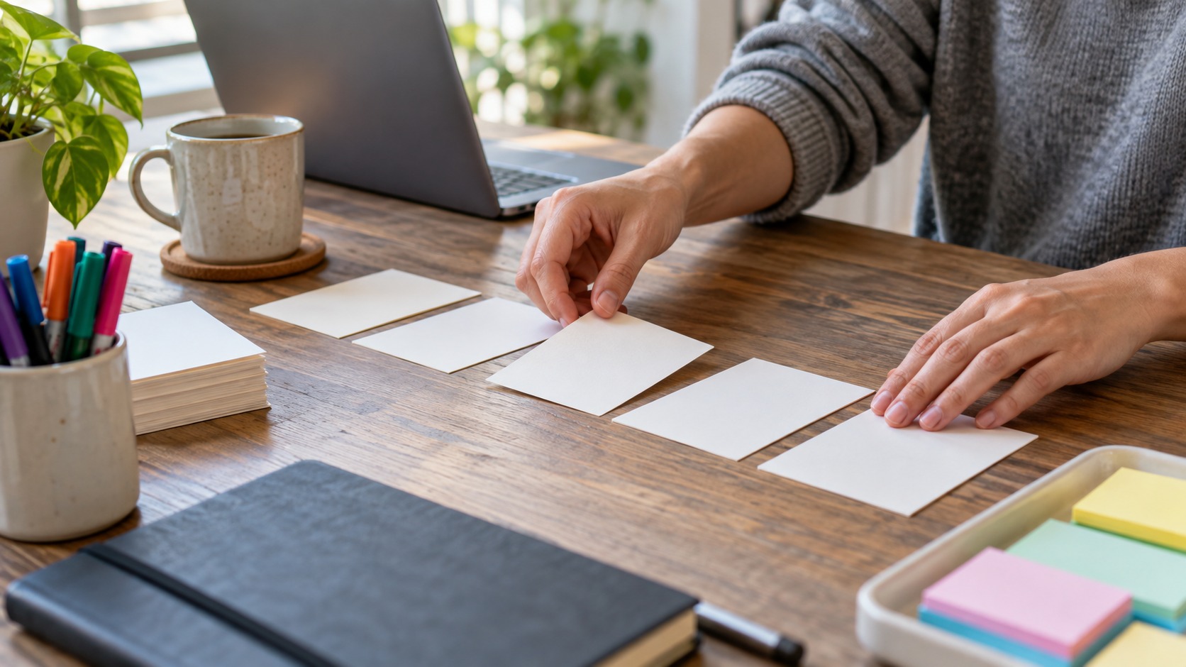 Hands arranging blank cards into a clear sequence beside a laptop