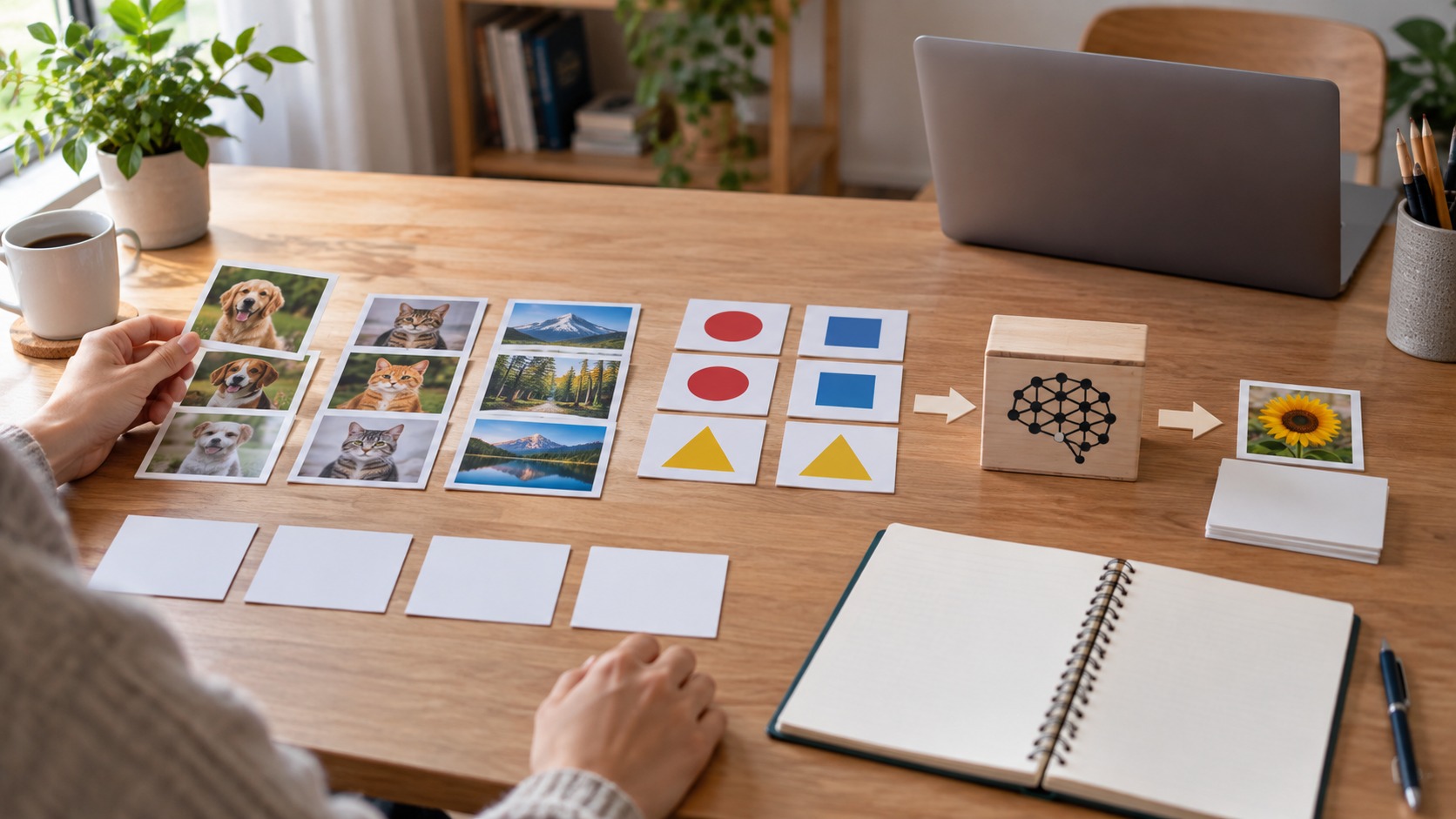 Study desk showing grouped examples and simple blocks for learning machine learning basics