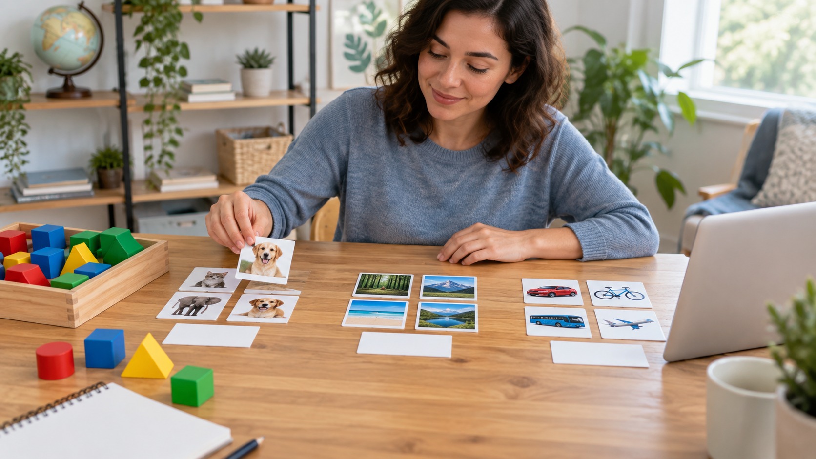Beginner sorting simple image cards and colored shapes beside a laptop