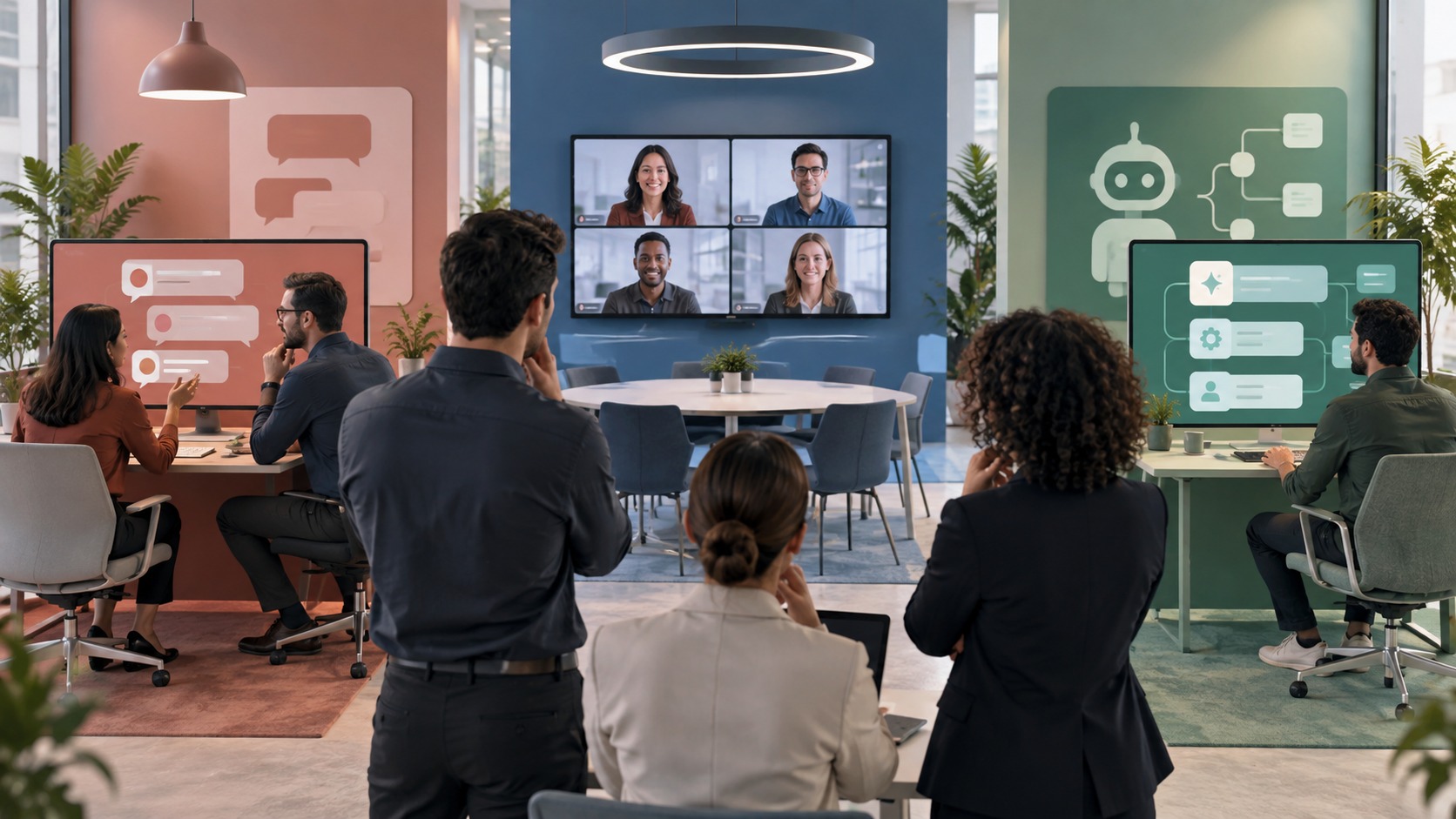 Team comparing three unbranded collaboration platform approaches in a modern office