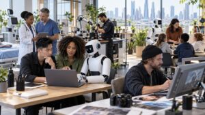 Workers across healthcare, technical, creative, and education roles using AI-supported tools