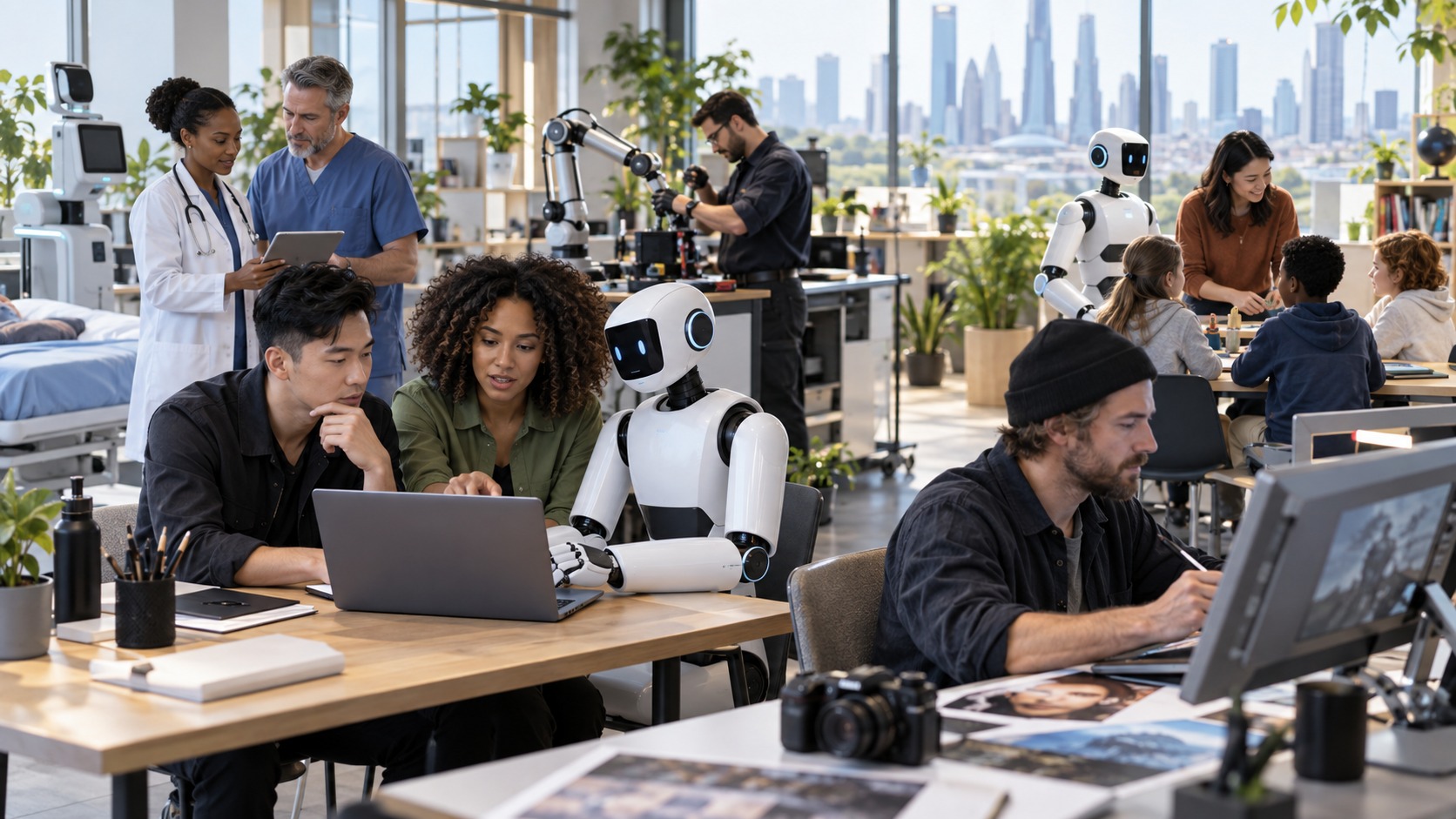 Workers across healthcare, technical, creative, and education roles using AI-supported tools